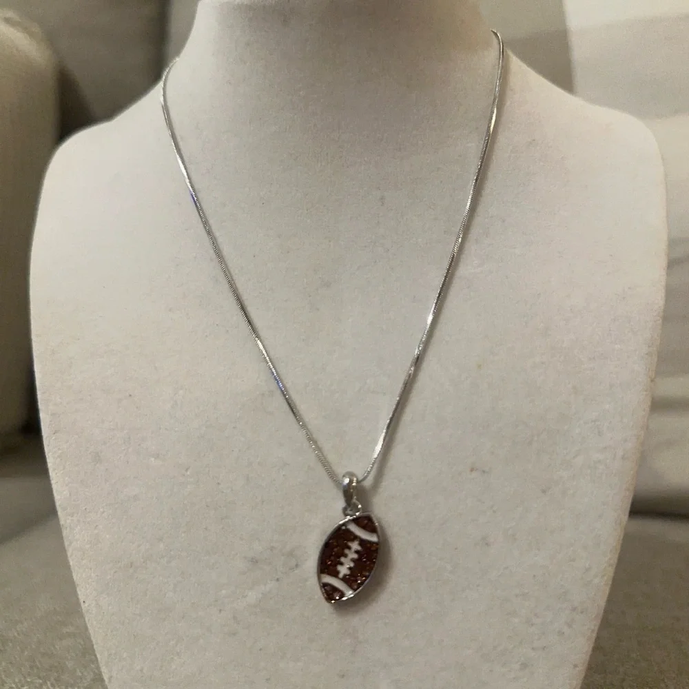 Football Sports Pendant Necklace‎ Silver Tone Brown Stone NWT